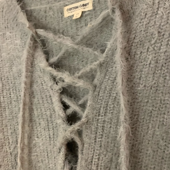 Cotton Candy Fuzzy Grey Lace Up Cozy Sweater - Picture 2 of 9